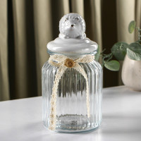 Стеклянная банка для сыпучих продуктов с белой керамической крышкой «Ёжик в золотом» (950 мл.)