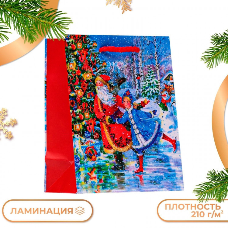 Новый год. Пакет подарочный  Дед мороз с внучкой , 11,5 х 14,5 х 6,5 см. 