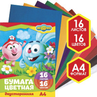 Бумага цветная, А4, 16 листов, 16 цветов, немелованная, двусторонняя, на скрепке, 48 г/м², Смешарики
