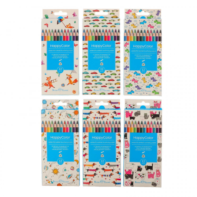 Карандаши акварельные 12 цветов HappyColor, МИКС 