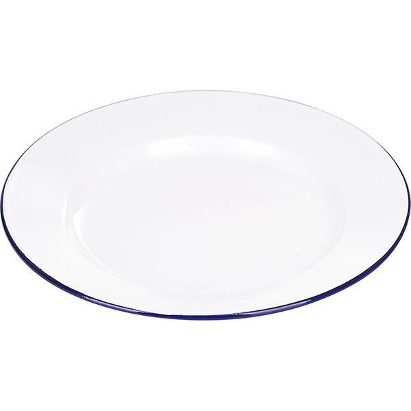 Белая эмалированная тарелка с синей каймой (диаметр 24 см) 