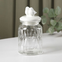 Стеклянная банка для сыпучих продуктов с белой керамической крышкой «Голубки» (800 мл.)