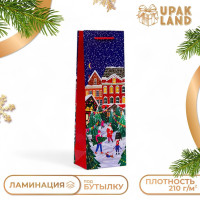 Новый год. Пакет подарочный новогодний под бутылку, упаковка  Праздник в городе , 12 х 36 х 8,5 см.