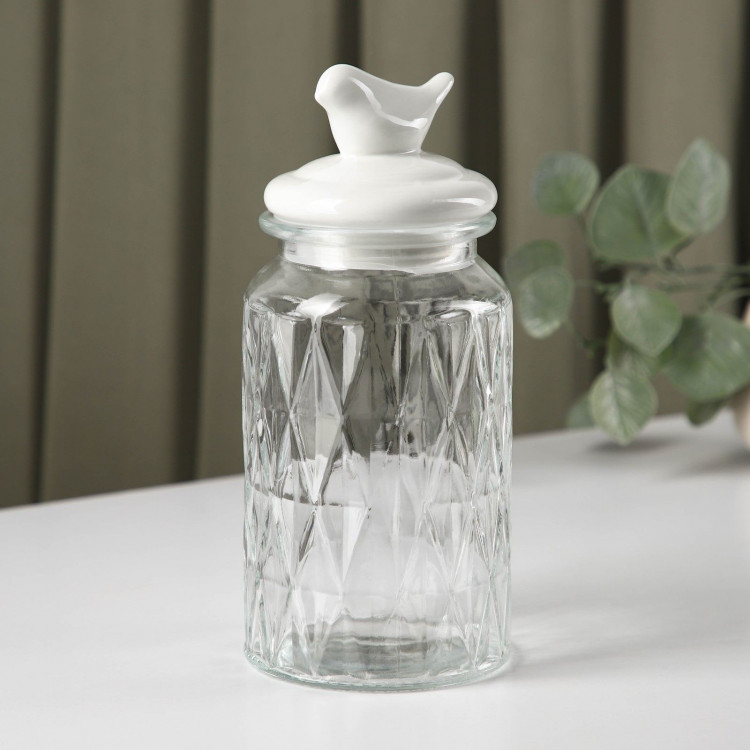 Стеклянная банка для сыпучих продуктов с белой керамической крышкой «Голубки» (1 л.) 