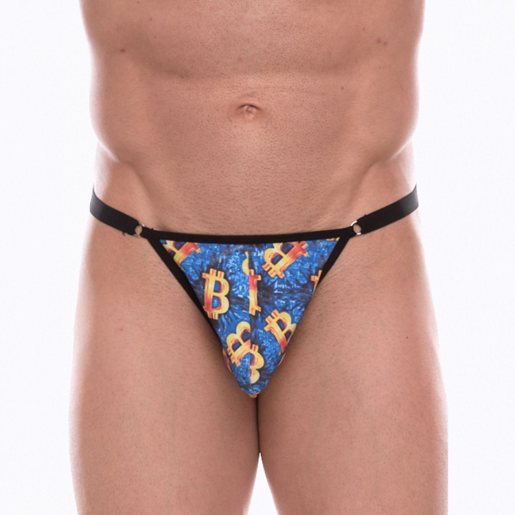 Синие мужские трусы-тонги с разноцветным принтом 