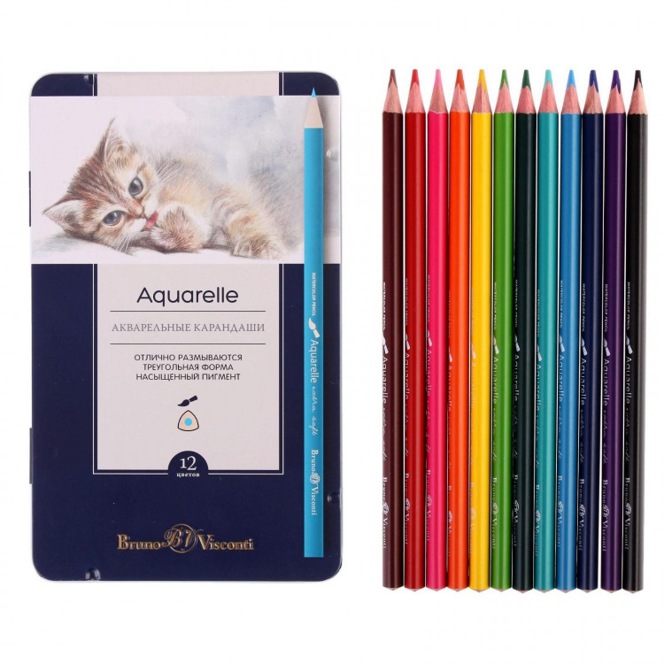 Карандаши акварельные 12 цветов Aquarelle, в металлической коробке с ложементом 