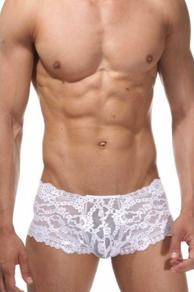 Белые мужские трусы-хипсы из кружевной ткани 