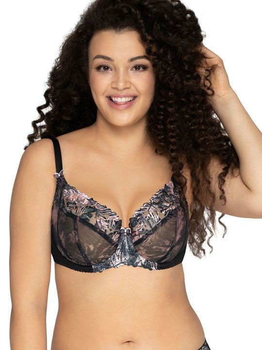 Бюстгальтер на косточках с трехцветной вышивкой на plus size чашках 