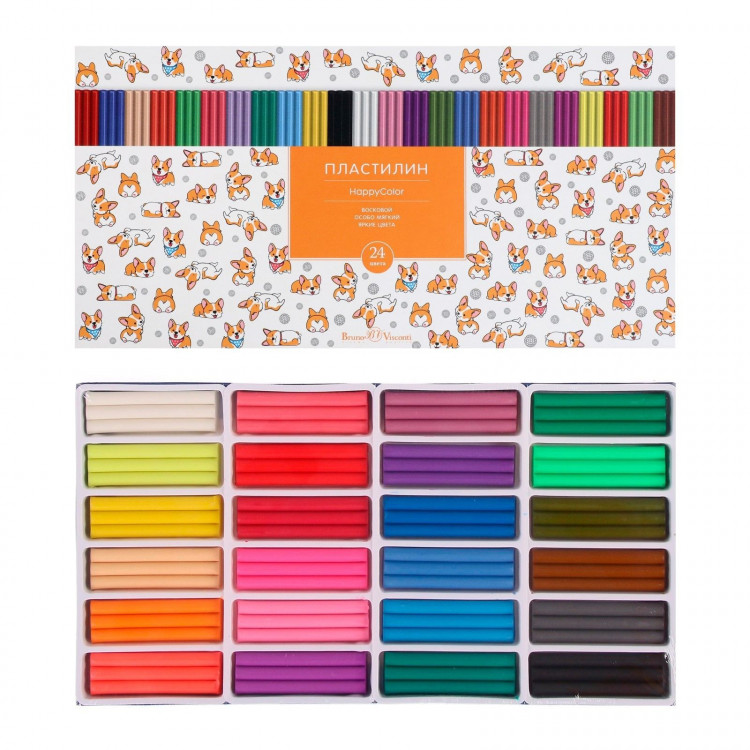Пластилин мягкий (восковой) 24 цвета 500 г, Happycolor, МИКС 
