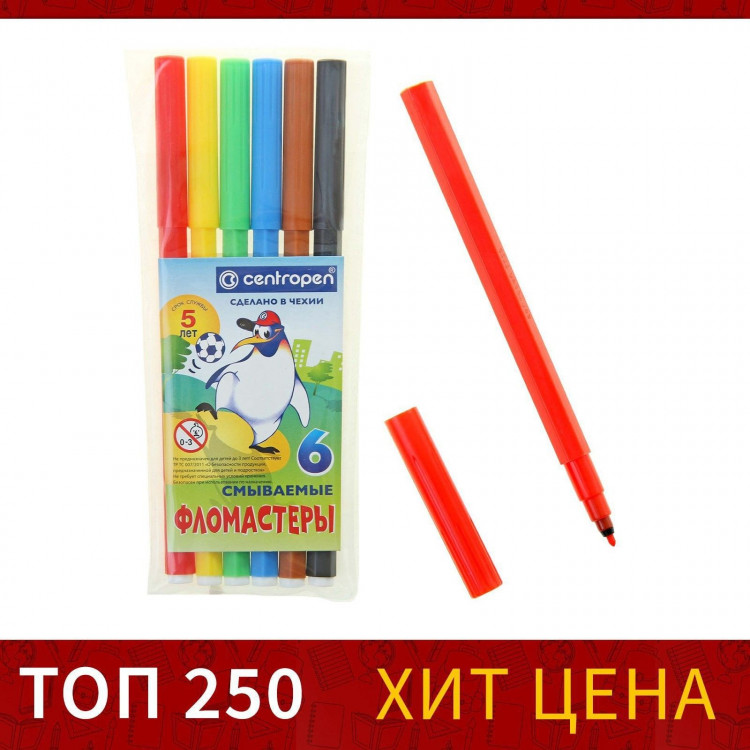 Фломастеры 6 цветов Centropen Пингвины 7790/06, линия 1.0 мм, пластиковый конверт 