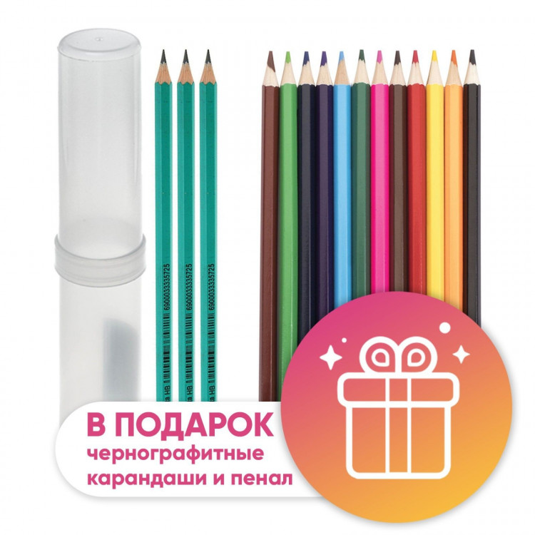 Карандаши 12 цветов Calligrata, ЭКОНОМ, заточенные, шестигранные, пластиковые, пенал-тубус и 3 чернографитных карандаша с ластиком в ПОДАРОК 