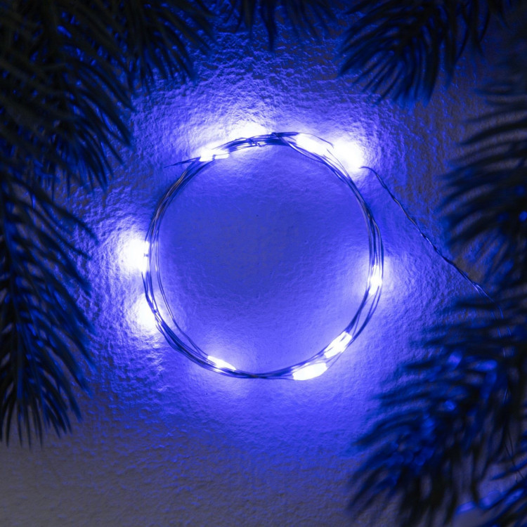 Гирлянда «Нить» 1 м роса. IP20, нить серебристая, 10 LED, 4.6 В, AG13x3 (в комплекте), 3 режима, свечение синее 
