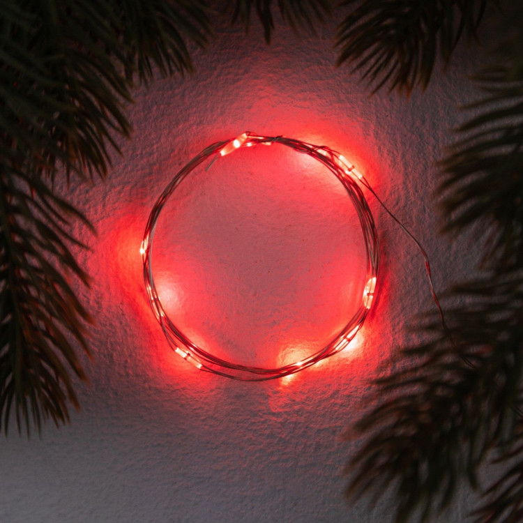 Гирлянда «Нить» 1 м роса. IP20, нить серебристая, 10 LED, 4.6 В, AG13x3 (в комплекте), 3 режима, свечение красное 