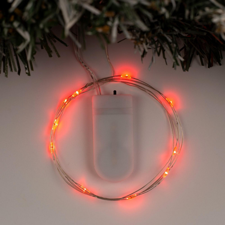 Гирлянда «Нить» 1 м роса, IP20, серебристая нить, 10 LED, батарейки CR2032х2 (в комплекте), свечение красное 