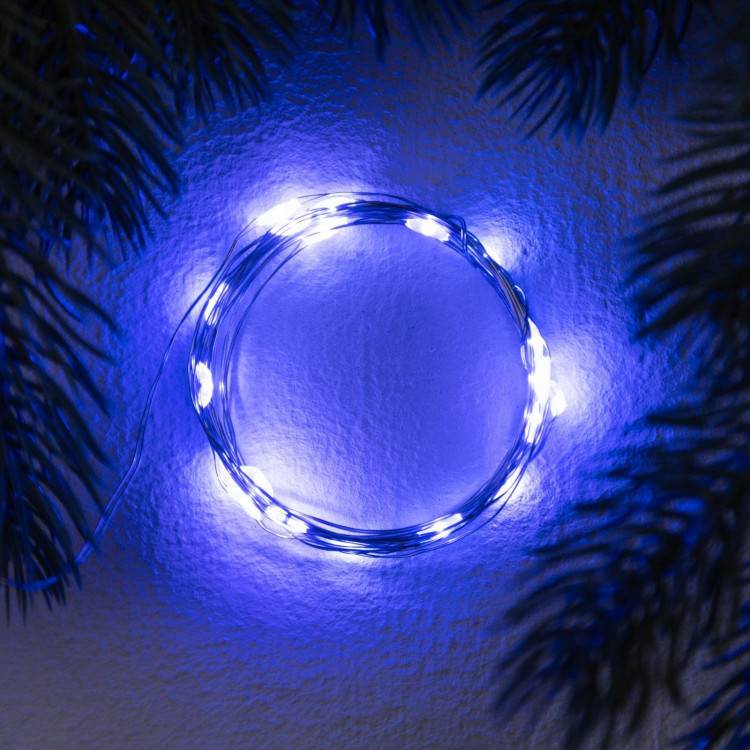 Гирлянда «Нить» 2 м роса. IP20, нить серебристая, 20 LED, 4.6 В, AG13x3 (в комплекте), 3 режима, свечение синее 