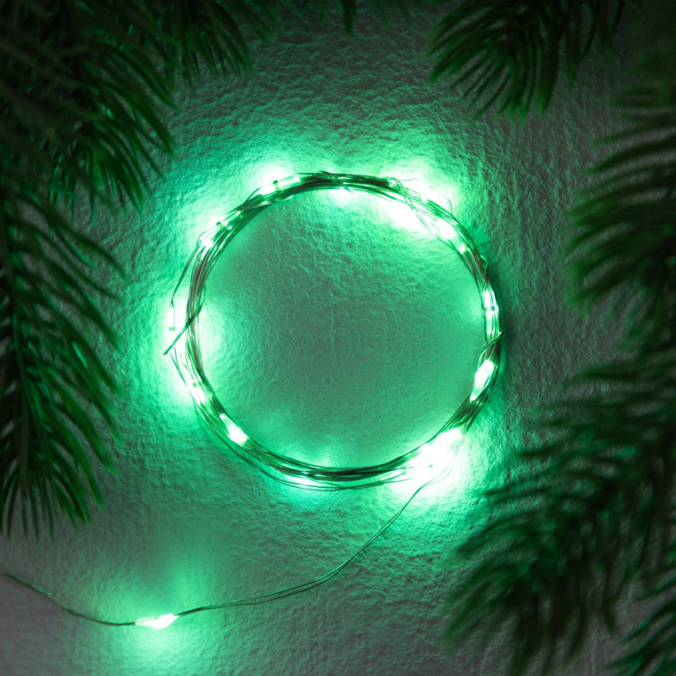 Гирлянда «Нить» 2 м роса. IP20, нить серебристая, 20 LED, 4.6 В, AG13x3 (в комплекте), 3 режима, свечение зелёное 