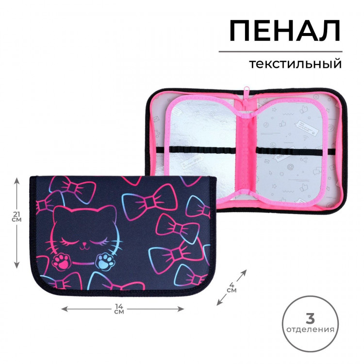 Пенал 3 секции, вкладка внутри, 140 х 210 х 40 мм, тканевый, Calligrata TOP Block  Кошечка  