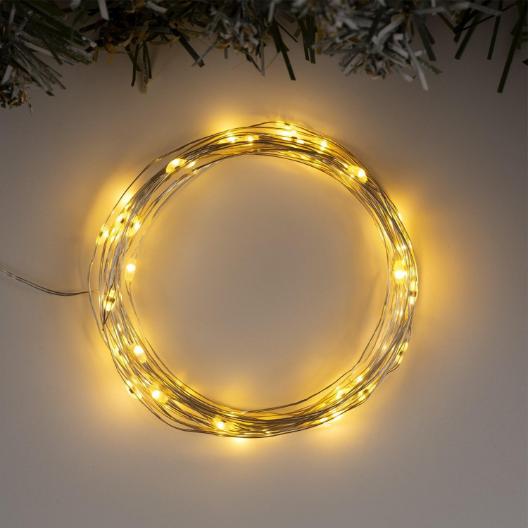 Гирлянда «Нить» 5 м роса, IP20, серебристая нить, 50 LED, 2 режима, батарейки AAх3 (нет в комплекте), свечение тёплое белое / мульти 