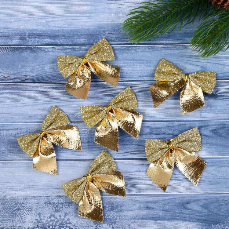 Украшение ёлочное  Бантик с блеском  (набор 8 шт) 4,5х5,5 см, золото 