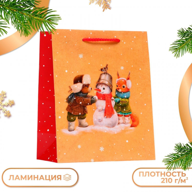 Новый год. Пакет подарочный  Зверята у снеговичка , 18 х 22,3 х 10 см. 