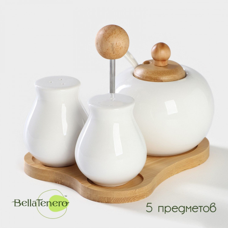 Набор фарфоровый для специй BellaTenero, 3 предмета: солонка 80 мл, перечница 80 мл, сахарница с ложкой 300 мл, цвет белый Набор фарфоровый для специй BellaTenero, 3 предмета: солонка 80 мл, перечница 80 мл, сахарница с ложкой 300 мл, цвет белый