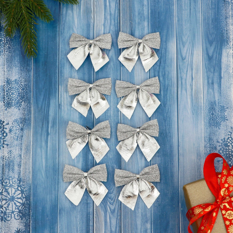 Украшение ёлочное  Бантик с блеском  (набор 8 шт) 4,5х5,5 см, серебро 