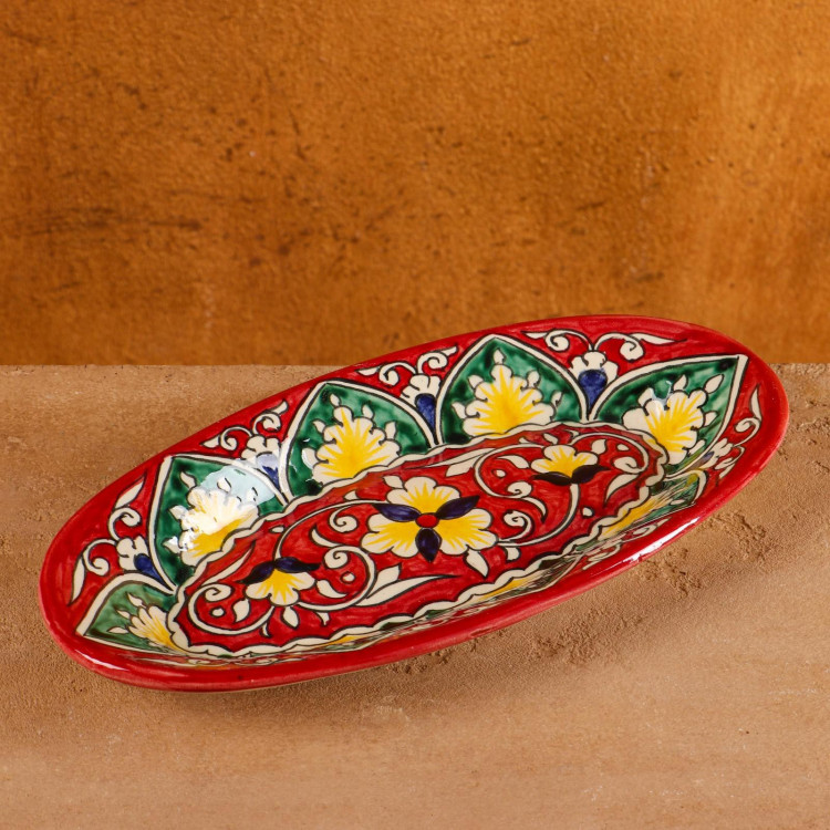 Селёдочница Риштанская Керамика  Цветы , 24 см, красная, микс 