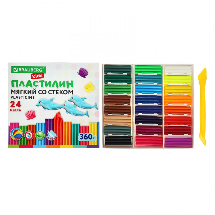 Пластилин мягкий (восковой) 24цв 360гр BRAUBERG KIDS 