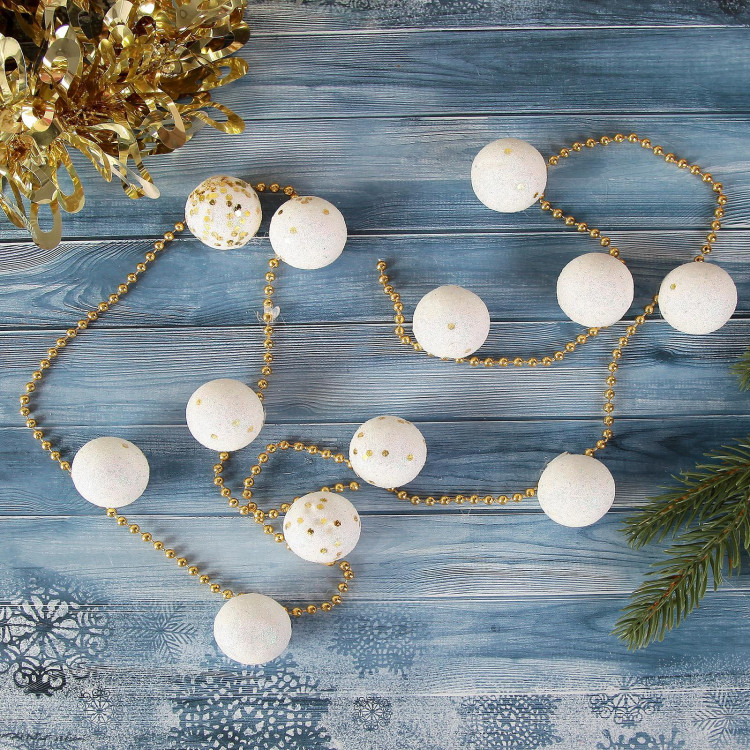 Бусы на ёлку 1,2 м 2,5 см  Белые шарики с блёстками  