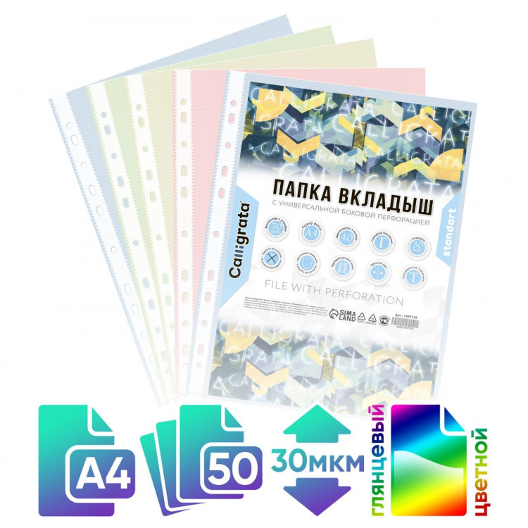 Файл-вкладыш А4, 30 мкм, Calligrata, тонированный, глянцевый, вертикальный, 50 штук, микс (в пачке 1 цвет) 