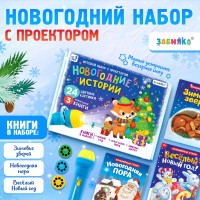 Новый год. Игровой набор с проектором «Новогодние истории», 3 книжки со сказками, 3 слайда, 24 картинки