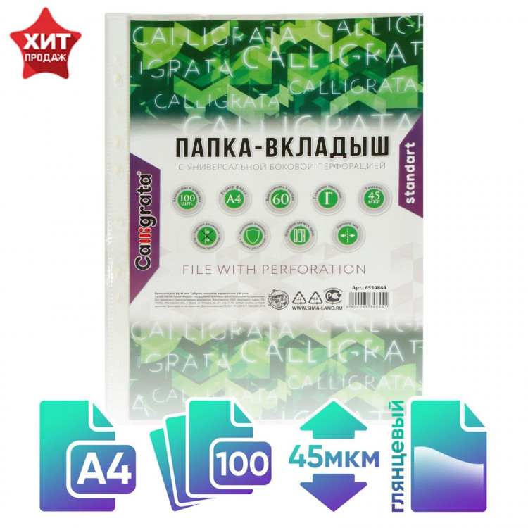 Файл-вкладыш А4, 45 мкм, Calligrata, глянцевый, вертикальный, 100 штук 