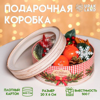 Новый год. Коробка подарочная новогодняя для макарун тубус с окном  Пушистого Нового года  21 х 21 х 7 см.