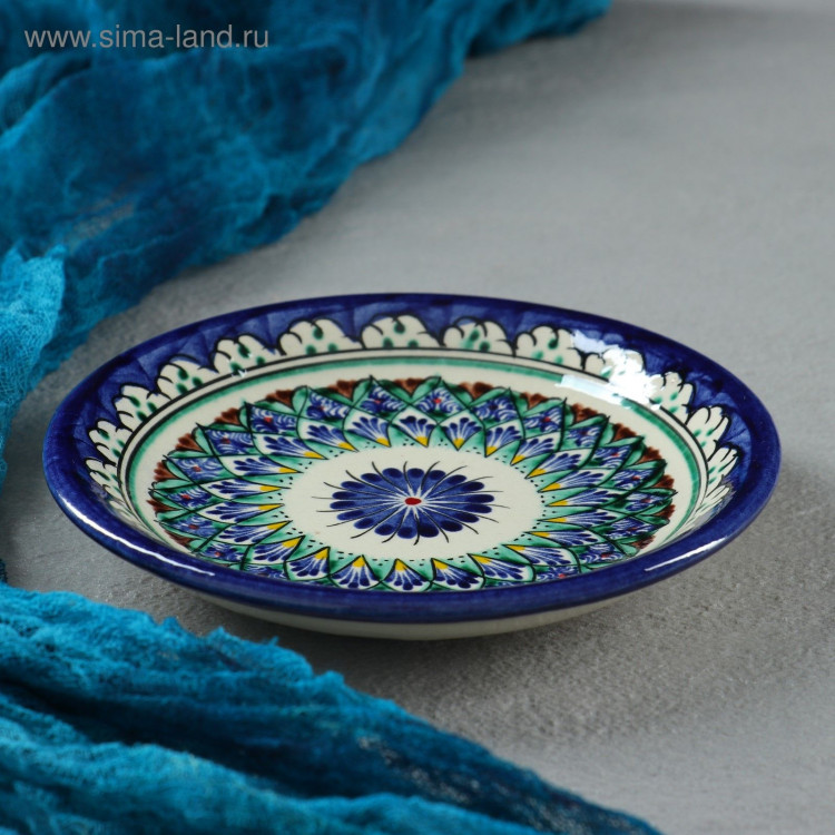Тарелка Риштанская Керамика  Цветы , синяя, плоская, 15 см, микс 