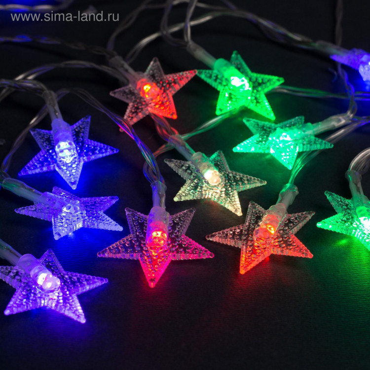 Гирлянда «Нить» 3 м с насадками «Звёзды», IP20, прозрачная нить, 20 LED, батарейки AAх3 (нет в комплекте), свечение мульти 