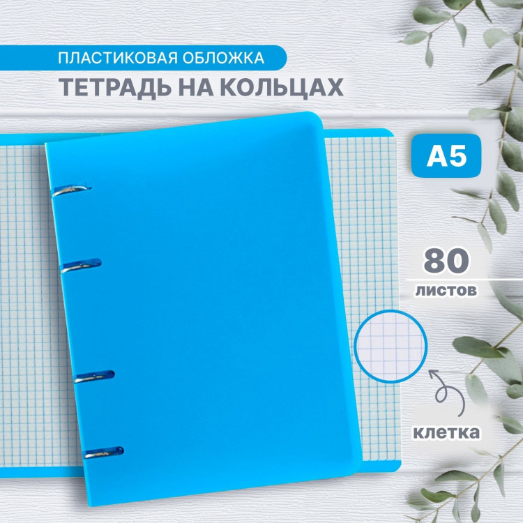 Тетрадь на кольцах A5 80 листов в клетку Calligrata Голубая, пластиковая обложка, блок офсет 