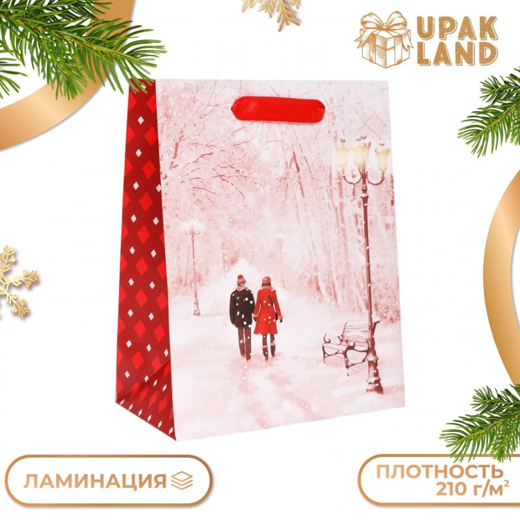 Новый год. Пакет подарочный, ламинированный,  Парочка ,18 х 23 х 10 см. 