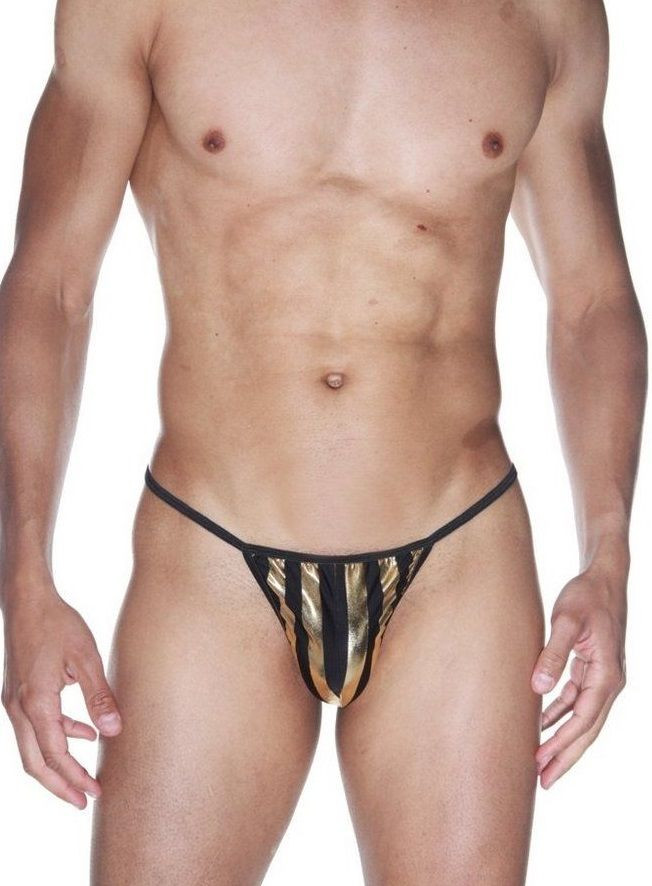 Мужские трусы-стринги из черной ткани в широкую золотую полоску 