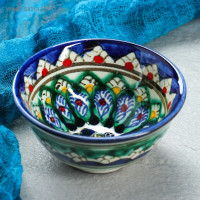 Пиала Риштанская керамика  Цветы , 8,5 см, малая коньячная, микс_