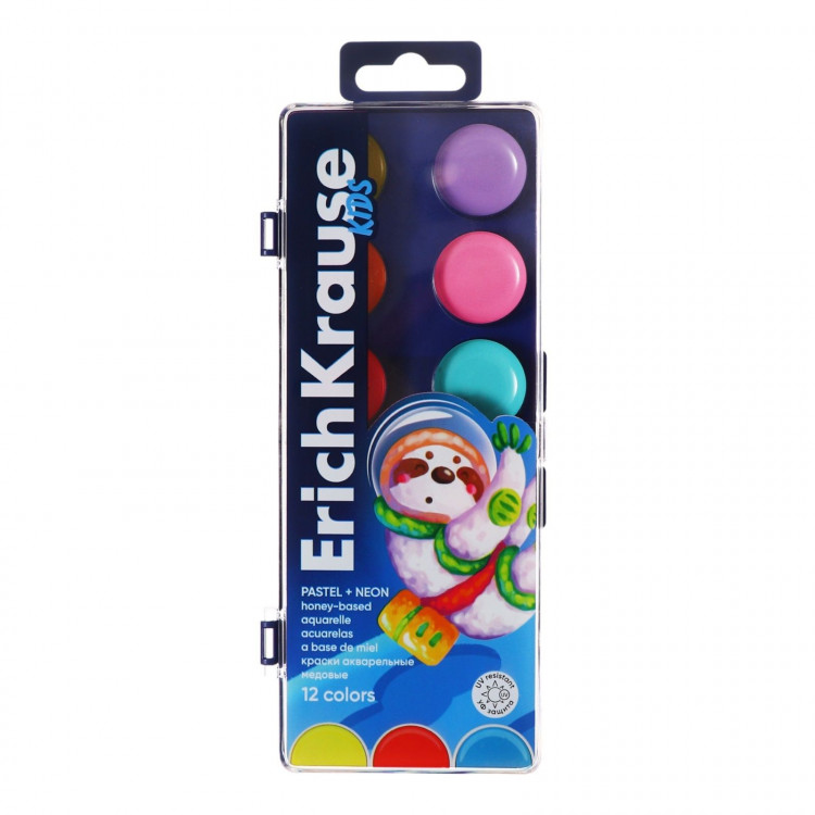 Акварель 12 цветов пластик ErichKrause Kids Space Animals Neon+Pastel с европодвесом 