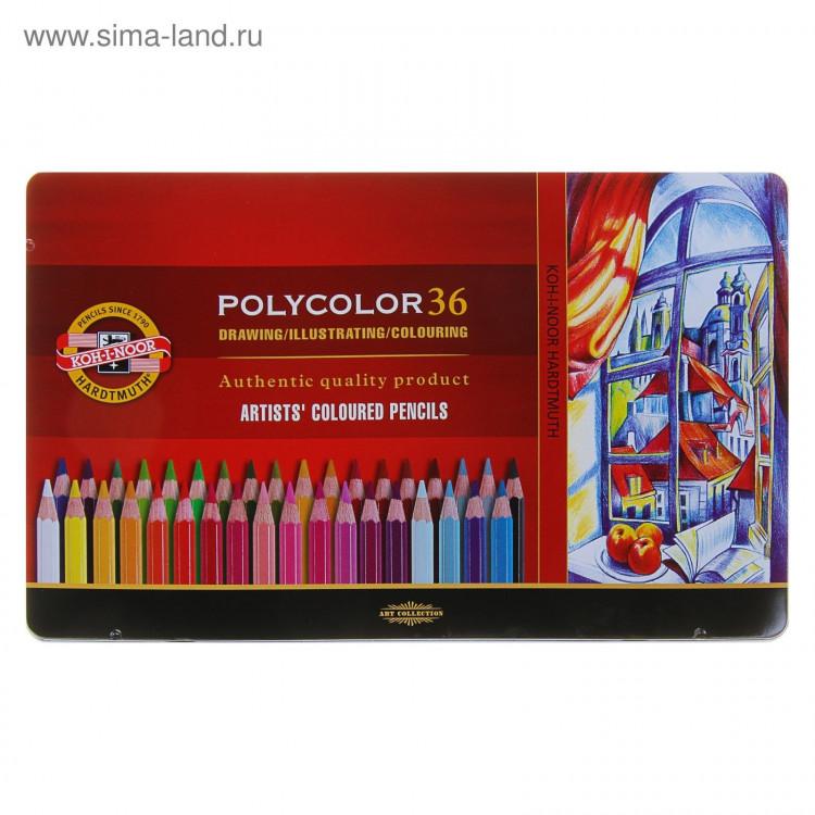 Карандаши художественные 36 цветов, Koh-I-Noor 3825 PolyColor, мягкие, в металлическом пенале 