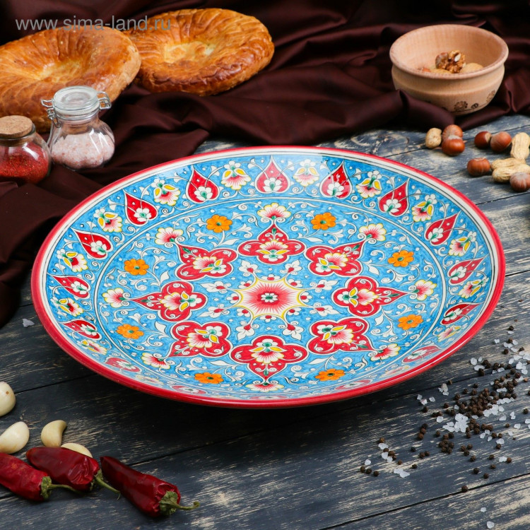 Ляган Риштанская Керамика  Цветы , 39 см, голубой 