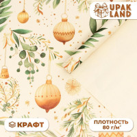 Новый год. Бумага упаковочная  Веточки зимы , белый крафт, 1 лист, 80 г/м2 , 70 х 100 см