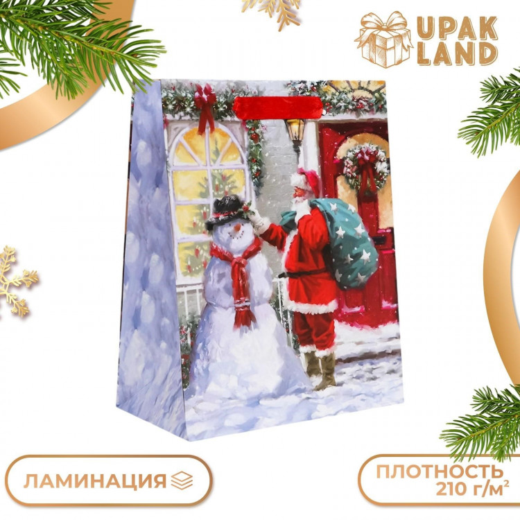 Новый год. Пакет подарочный, ламинированный,  Снеговик с Сантой ,18 х 23 х 10 см. 