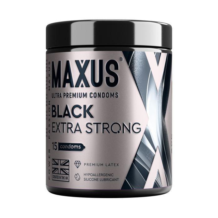 Черные утолщенные презервативы MAXUS Extra Strong с железным кейсом - 15 шт. 