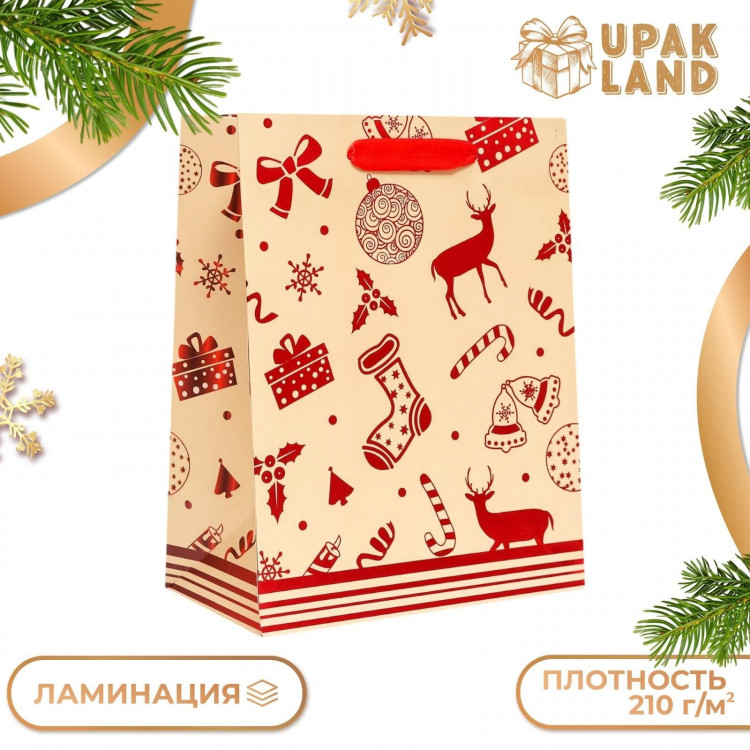 Новый год. Пакет подарочный, ламинированный,  Подарки ,18 х 23 х 10 см. 