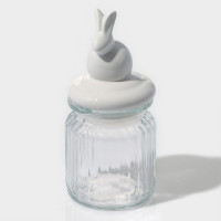 Стеклянная банка для сыпучих продуктов с белой керамической крышкой «Зайка» (230 мл.)