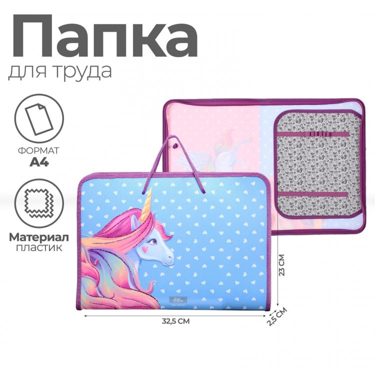 Папка для труда А4 с ручками, 325 х 230 х 25 мм, молния вокруг, откидная планка, пластиковая, ПТР-6 Calligrata  Единорог  