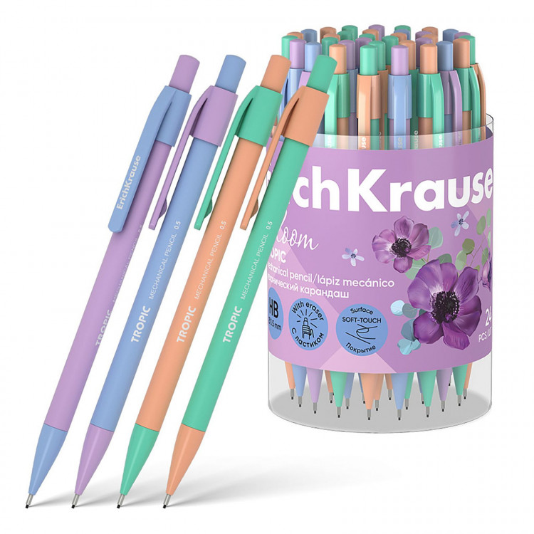 Карандаш механический 0,5 мм ErichKrause  Tropic Pastel Bloom  НВ, с ластиком, круглый корпус Soft-touch, тубус, микс 