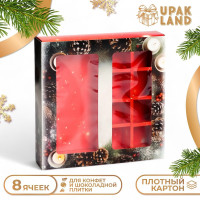 Новый год. Коробка под 8 конфет и шоколад, с окном  Новогодняя , 17,7 х 17,8 х 3,8 см, кондитерская упаковка